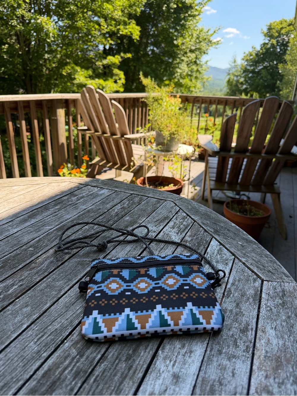 Kaci Geometric Pattern Crossbody Pouch in Teal, Brown & Black